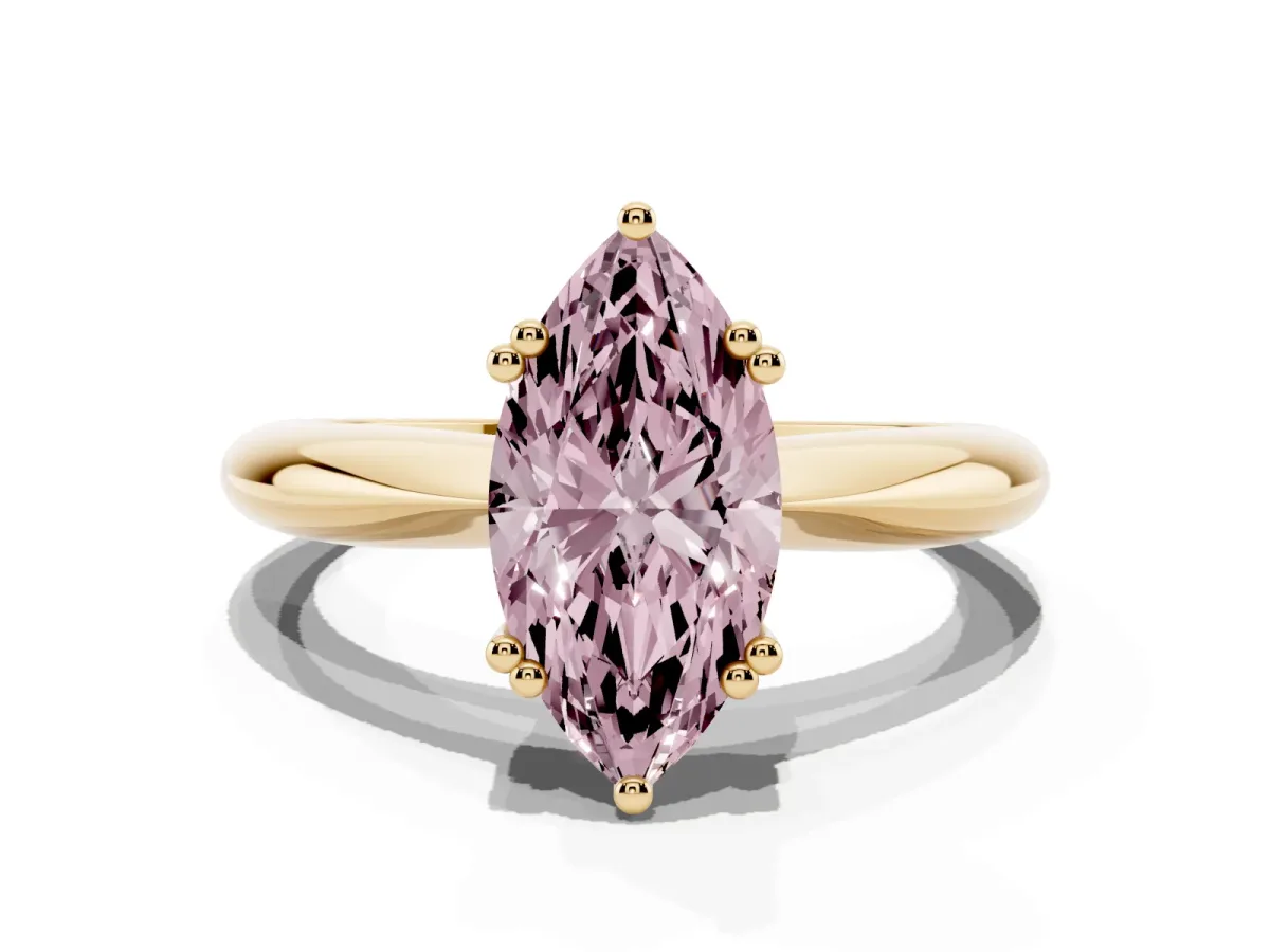 Fancy Pink Marquise Cut Cut Solitaire Engagement Ring with Tapered Band and Four-Prong Setting Yellow gold