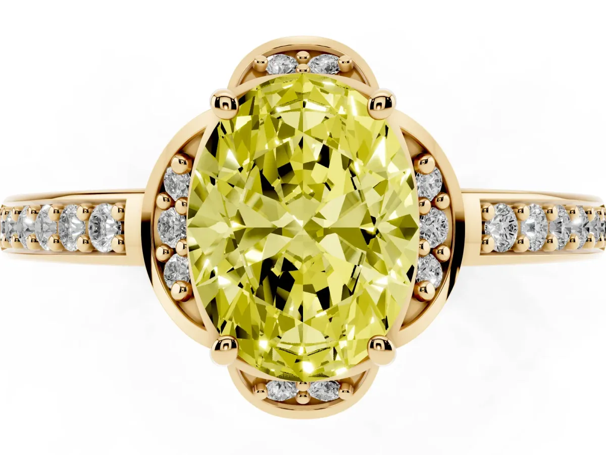 Fancy Yellow Oval Cut Cut Halo Diamond Ring with Channel Set Band and Four-Prong Setting Yellow gold