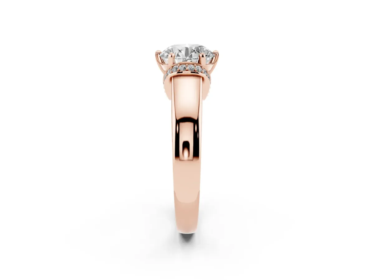 Round Cut Solitaire Diamond Ring with Pave Band and Six-Prong Setting Rose gold