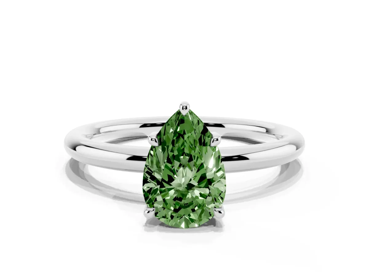 Fancy Green Pear Cut Diamond Solitaire Ring with Thin Band and Four-Prong Setting White gold