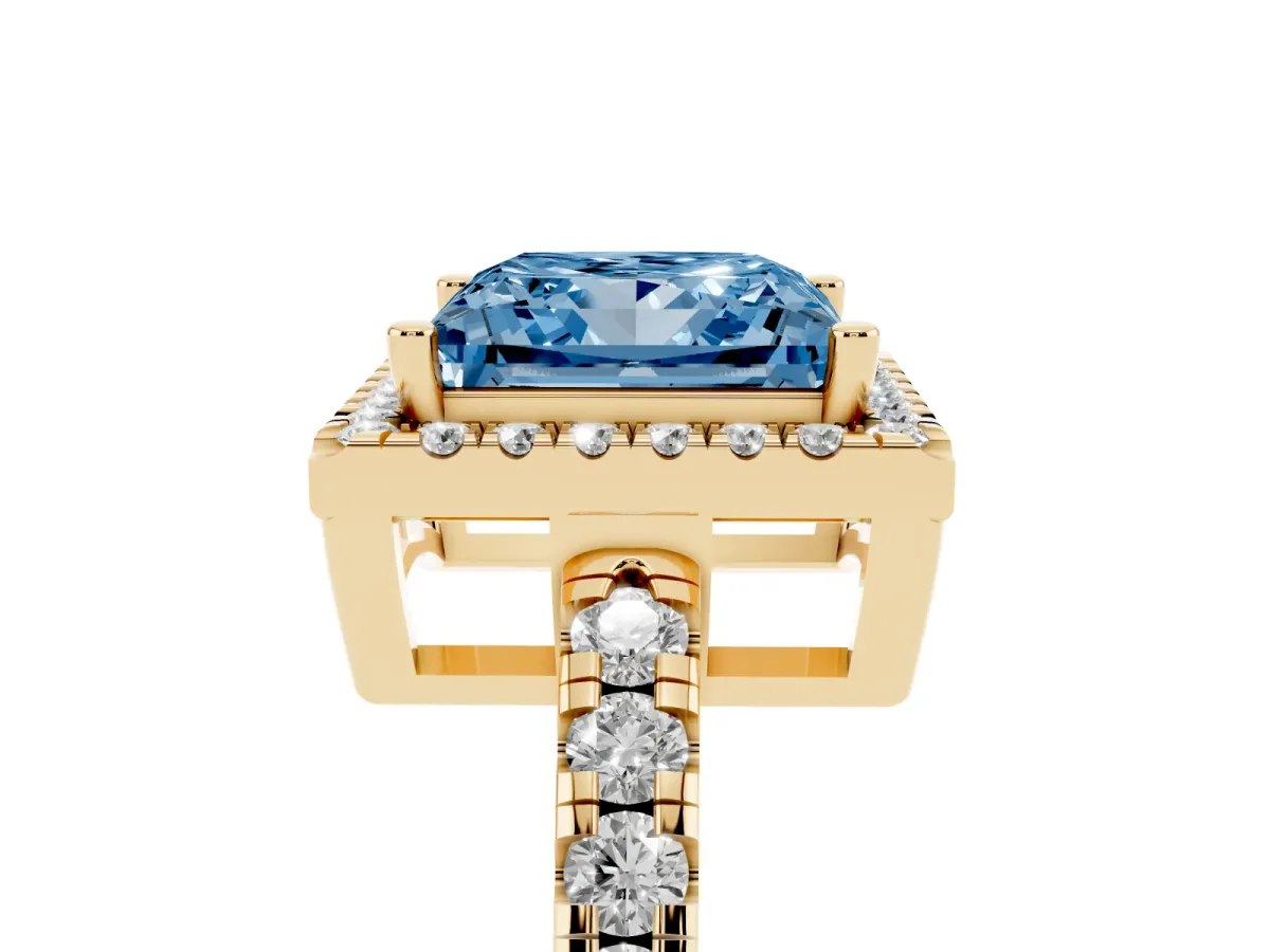 Fancy Blue Princess Cut Diamond Halo Ring with Pavé Band and Four-Prong Setting Yellow gold