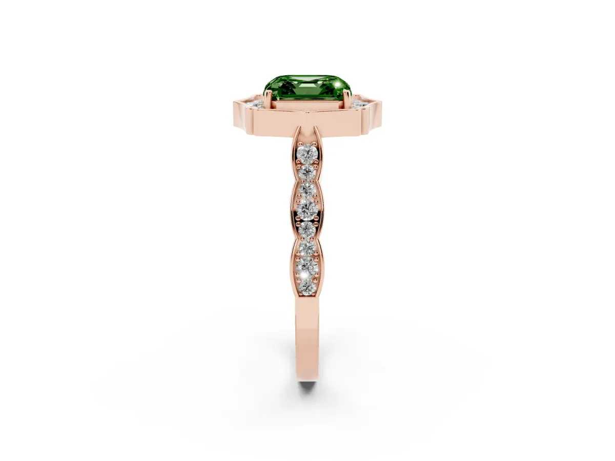 Fancy Green Asscher Cut Halo Diamond Engagement Ring with Milgrain Band and Four-Prong Setting Rose gold
