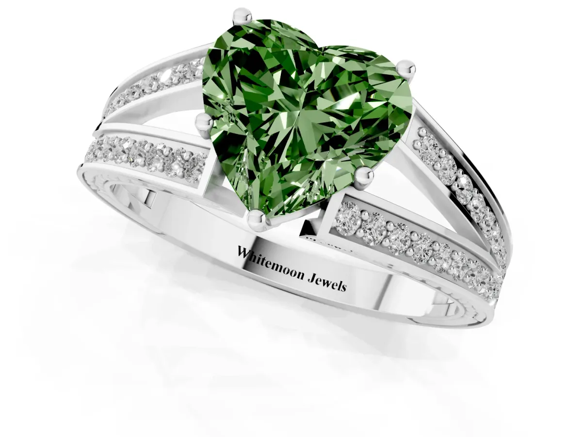 Fancy Green Heart Cut Diamond Split Shank Ring with Pavé Band and Four-Prong Setting Platinum