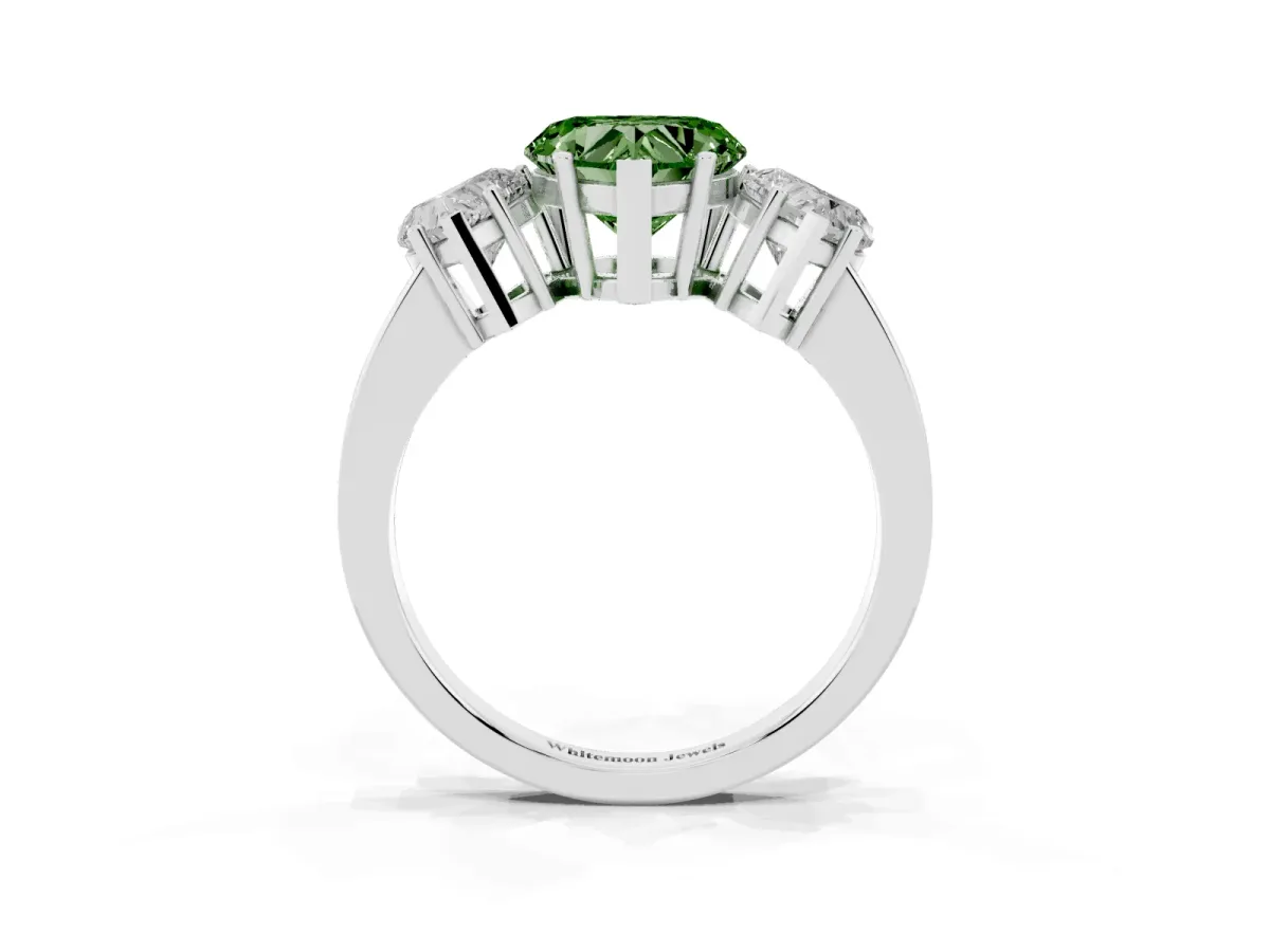 Fancy Green Three-Stone Heart Cut Cut Diamond Engagement Ring with Flat Band and Four-Prong Setting Silver
