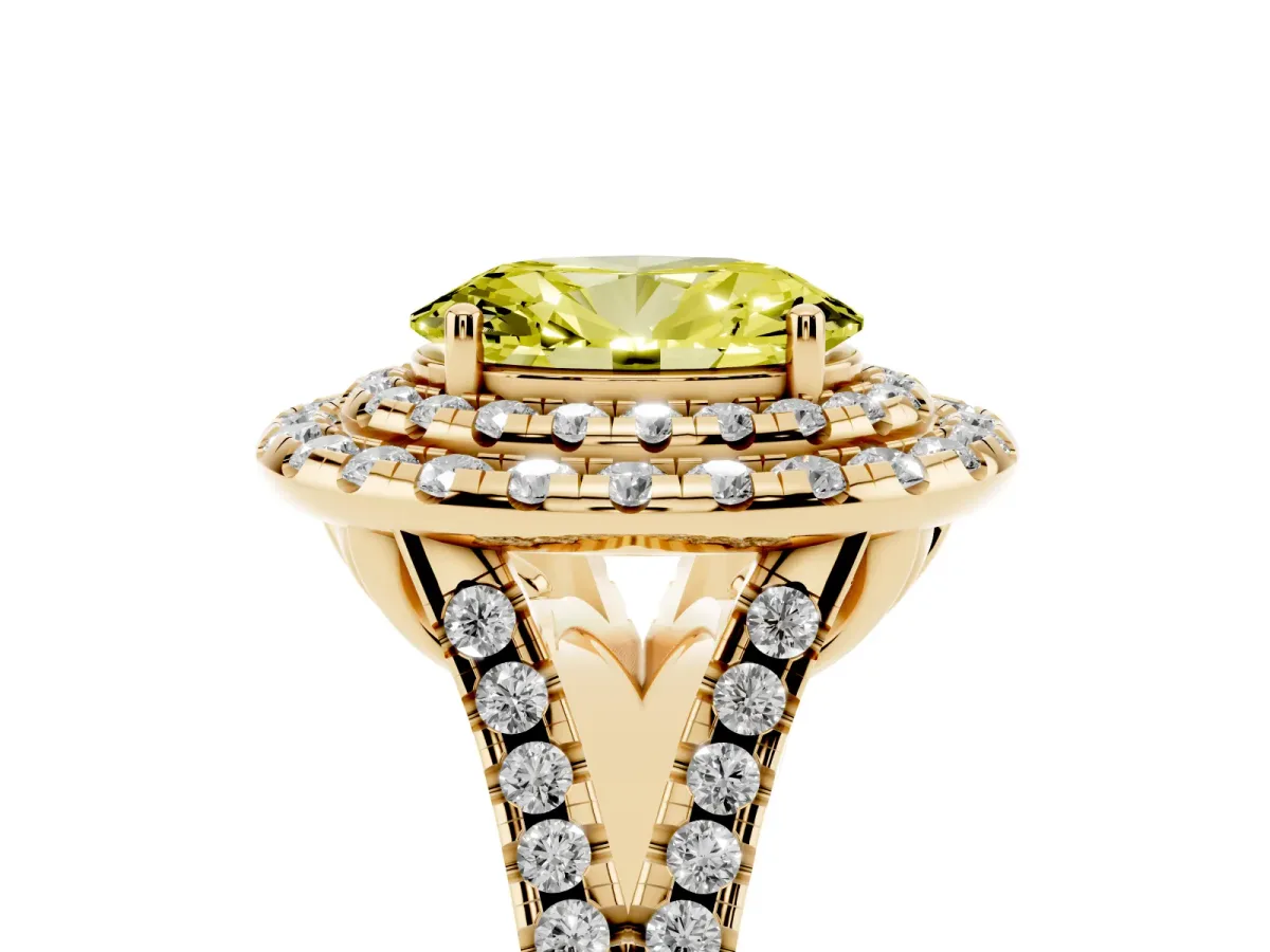 Fancy Yellow Double Halo Oval Cut Diamond Pavé Split Shank Ring with Prong Setting Yellow gold