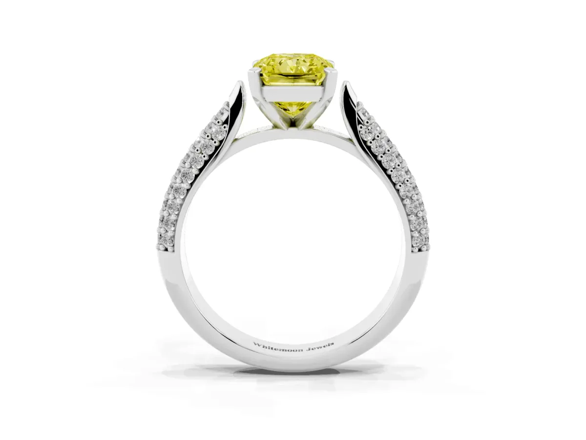 Fancy Yellow Radiant Cut Diamond Solitaire Engagement Ring with Multi-Row Round Pavé Band and Prong Setting Silver