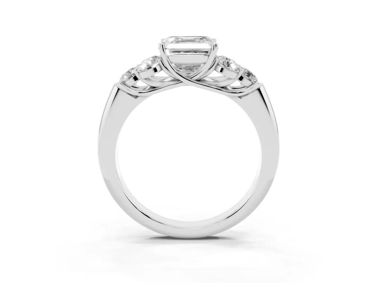 Asscher Cut Cut Diamond Cluster Ring with Round Accent Stones and Prong Setting on a Classic Band Platinum
