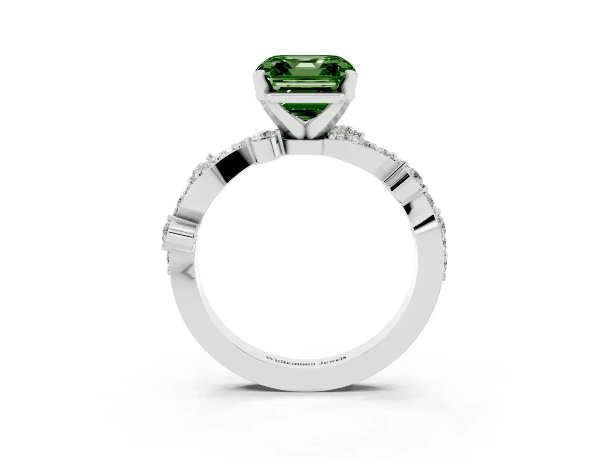 Fancy Green Asscher Cut Cut Solitaire Diamond Twisted Band with Pave Setting Silver