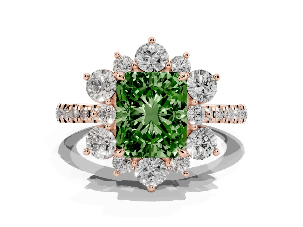 Fancy Green Radiant Cut Diamond Floral Halo Ring with Round Pavé Band and Prong Setting Rose gold