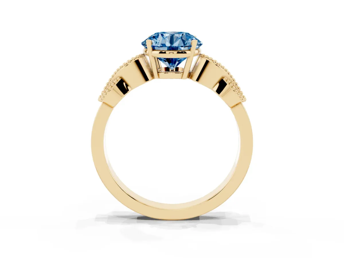 Fancy Blue Round Cut Solitaire Milgrain Leaf Band with Prong Setting Yellow gold