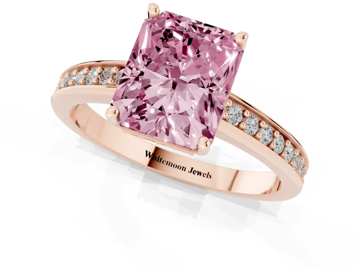 Fancy Pink Radiant Cut Solitaire Pavé Band Prong Setting Ring Rose gold