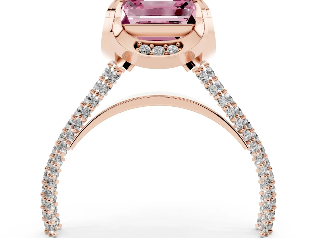 Fancy Pink Asscher Cut Solitaire Pave Split Shank Ring with Four-Prong Setting Rose gold