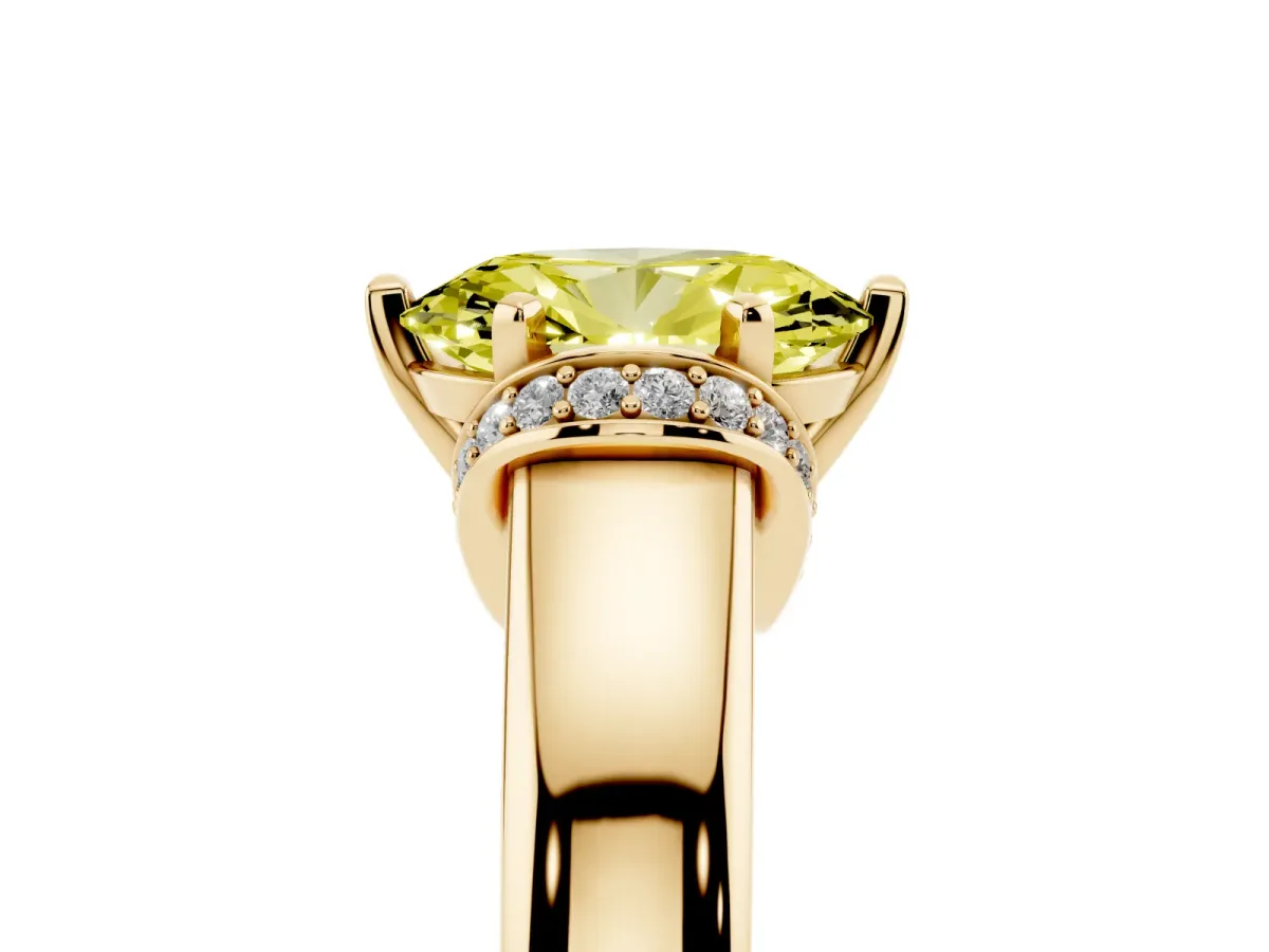 Fancy Yellow Oval Cut Solitaire Diamond Ring with Pave Band and Six-Prong Setting Yellow gold