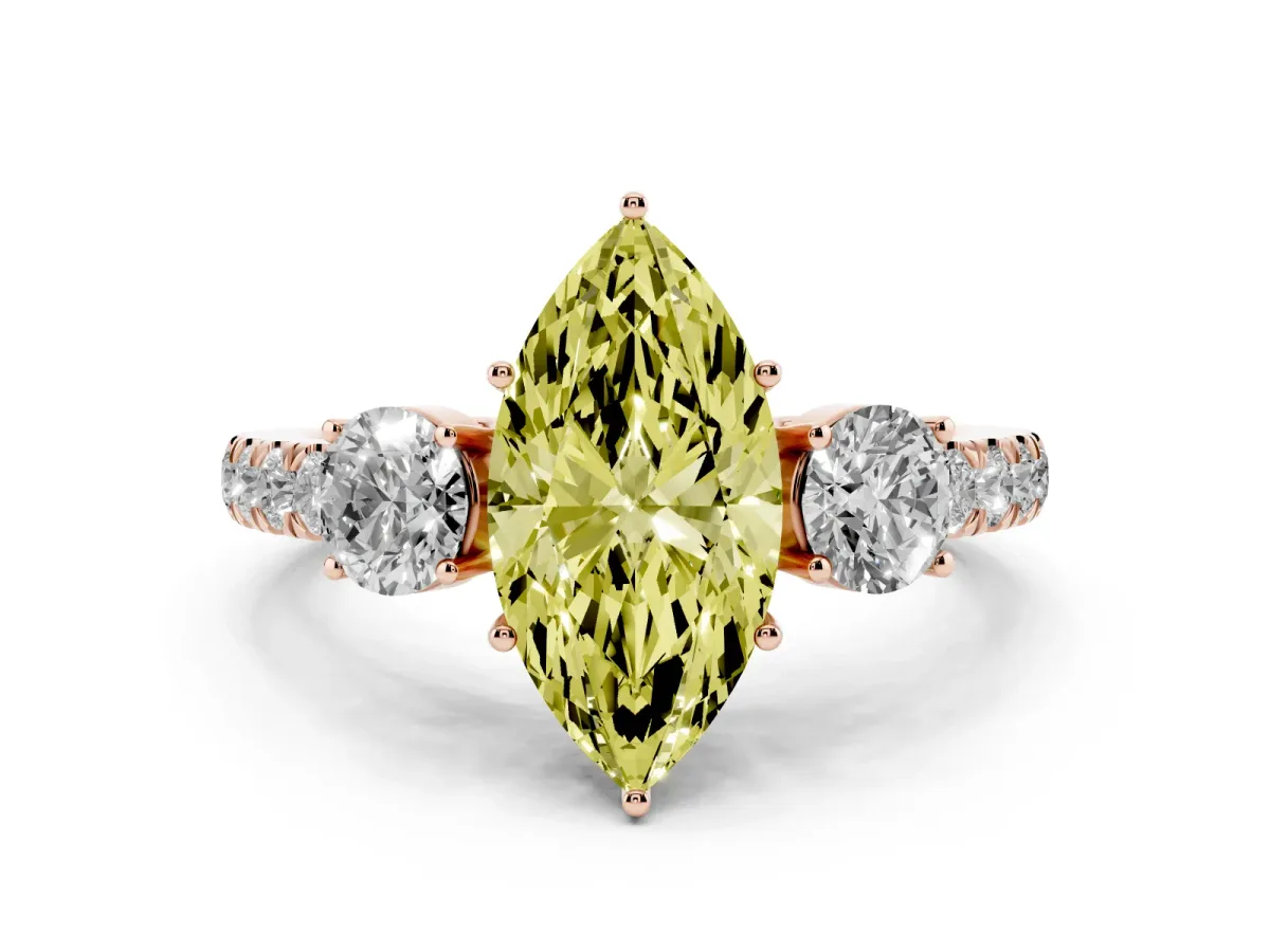 Fancy Yellow Marquise Cut Cut Diamond Three-Stone Ring with Round Side Stones and Pavé Band Rose gold