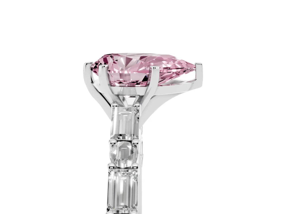 Fancy Pink Pear Cut Diamond Solitaire with Side Baguettes and Channel Set Band Silver