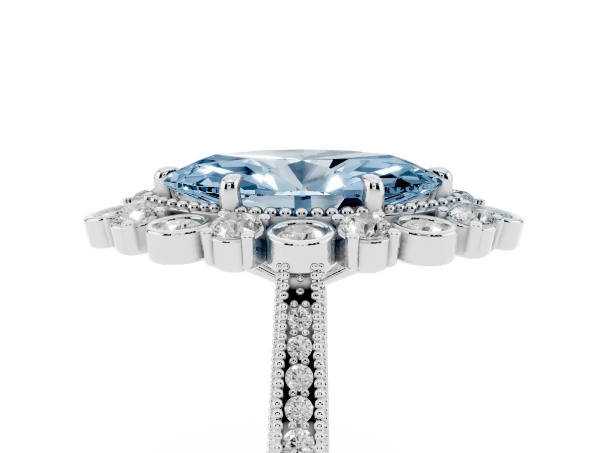 Fancy Blue Marquise Cut Halo Milgrain Pave Diamond Ring with Four-Prong Setting White gold