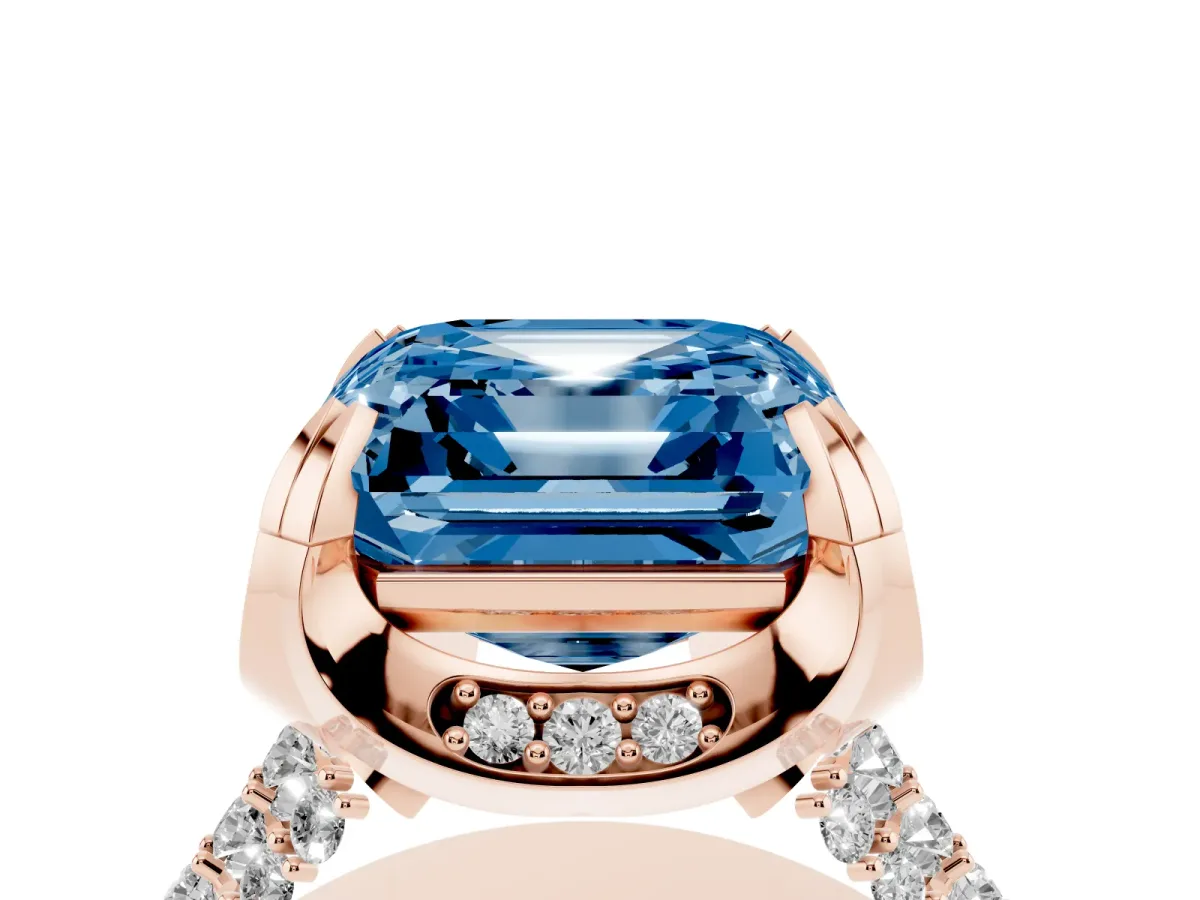 Fancy Blue Asscher Cut Solitaire Pave Split Shank Ring with Four-Prong Setting Rose gold