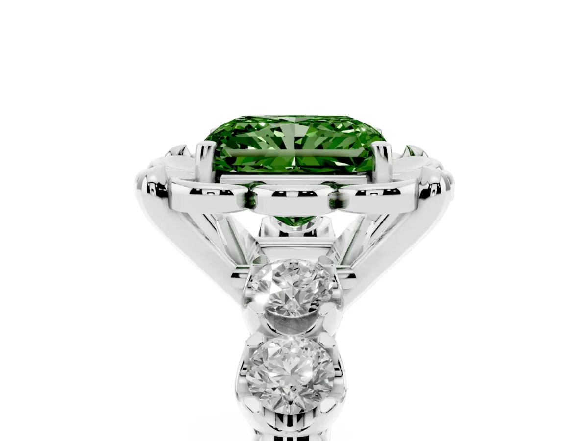Fancy Green Radiant Cut Cut Diamond Floral Halo Engagement Ring with Shared Prong Setting White gold