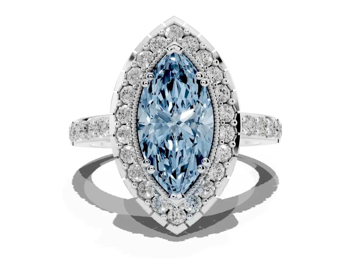 Fancy Blue Marquise Cut Diamond Halo Ring with Pavé Band and Prong Setting White gold