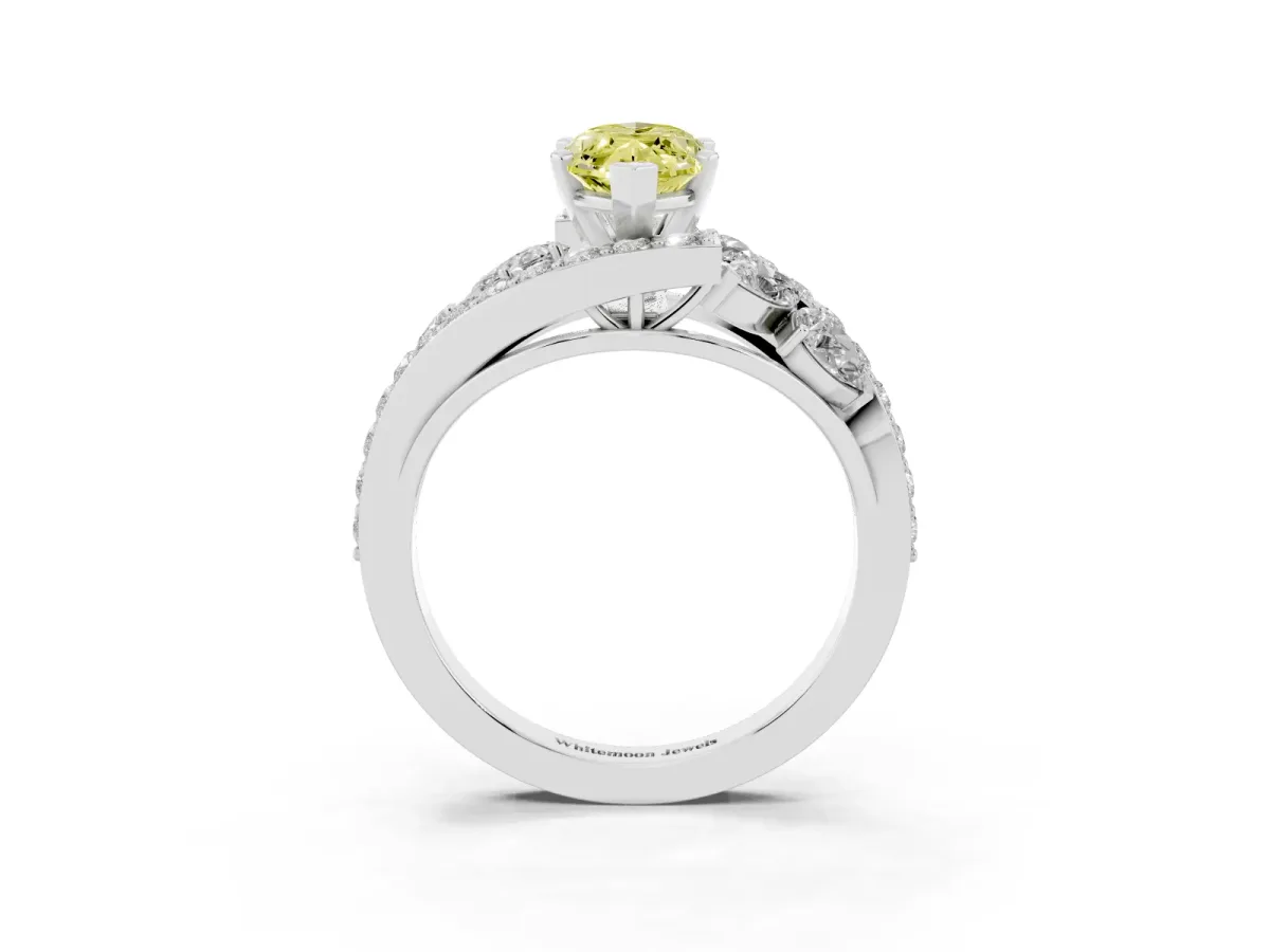 Fancy Yellow Marquise Cut Diamond Halo Ring with Marquise and Pavé Band in Prong Setting Platinum