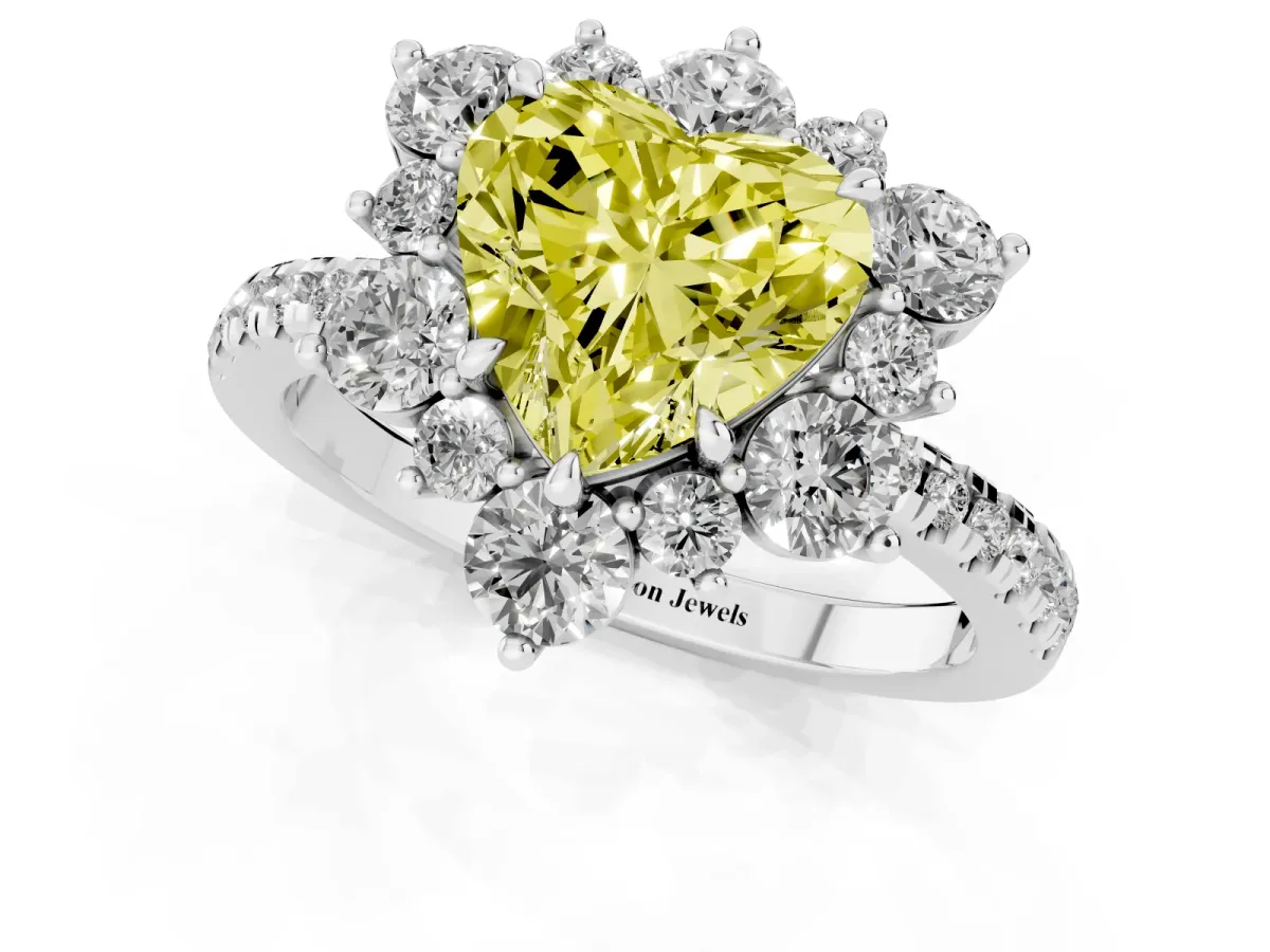 Fancy Yellow Heart Cut Diamond Floral Halo Ring with Round Pavé Band and Prong Setting Silver