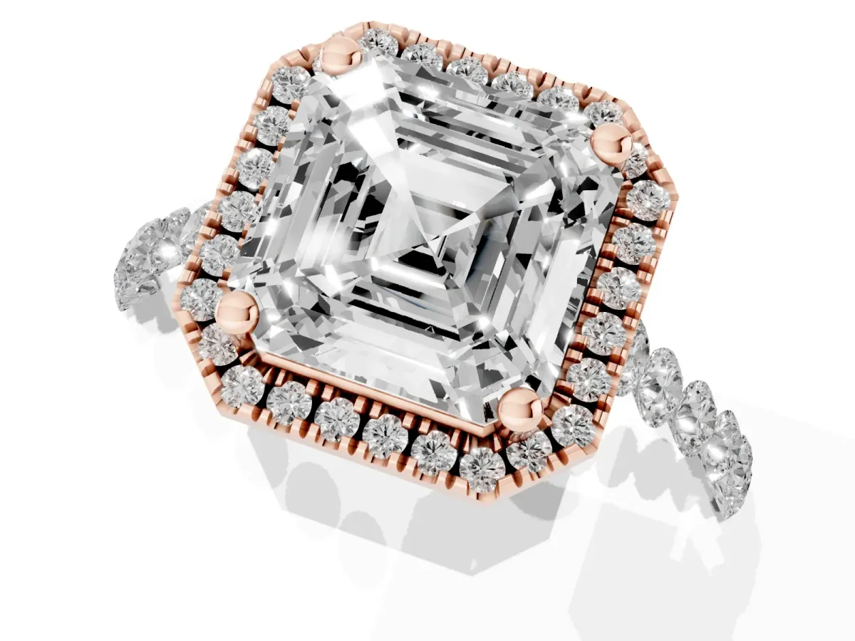 Asscher Cut Halo Pavé Diamond Engagement Ring with Four-Prong Setting Rose gold