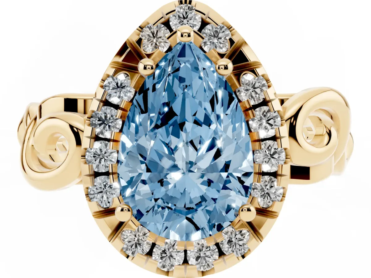 Fancy Blue Pear Cut Cut Halo Diamond Ring with Scrollwork Band and Four-Prong Setting Yellow gold