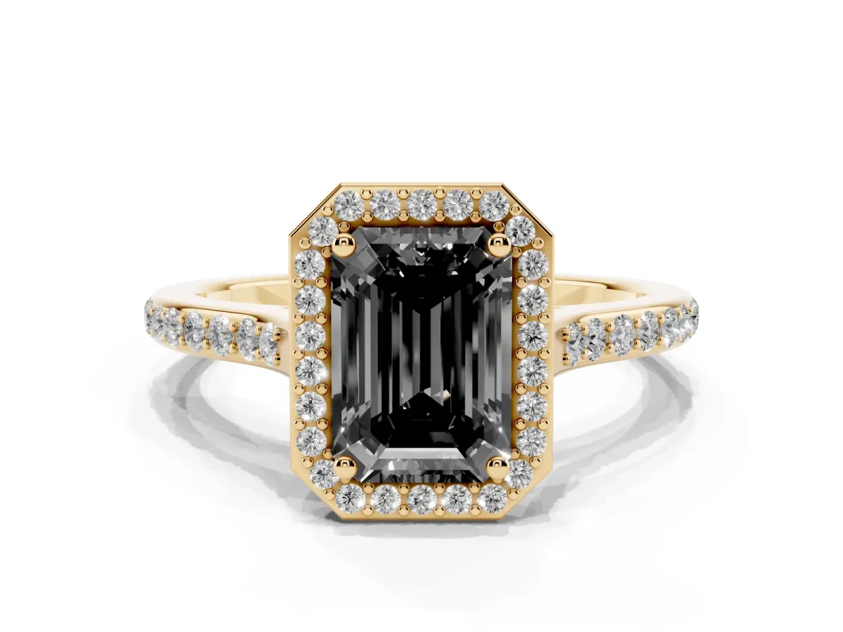 Fancy Black Emerald Cut Diamond Halo Engagement Ring with Round Pavé Shoulders and Prong Setting Yellow gold