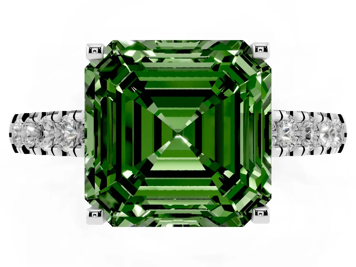 Fancy Green Asscher Cut Diamond Pavé Band Solitaire Ring with Prong Setting Platinum