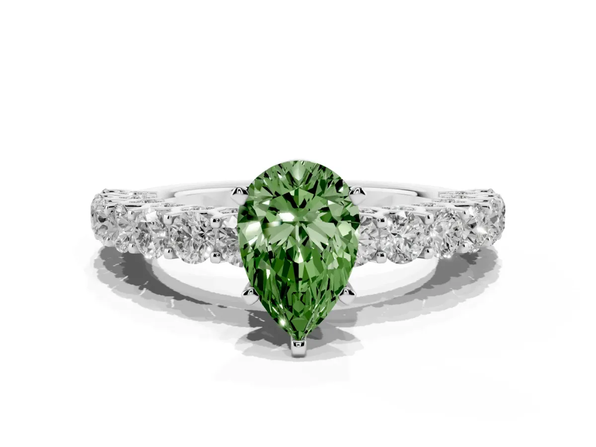 Fancy Green Pear Cut Diamond Solitaire Ring with Shared Prong Pavé Band and Four-Prong Setting Silver