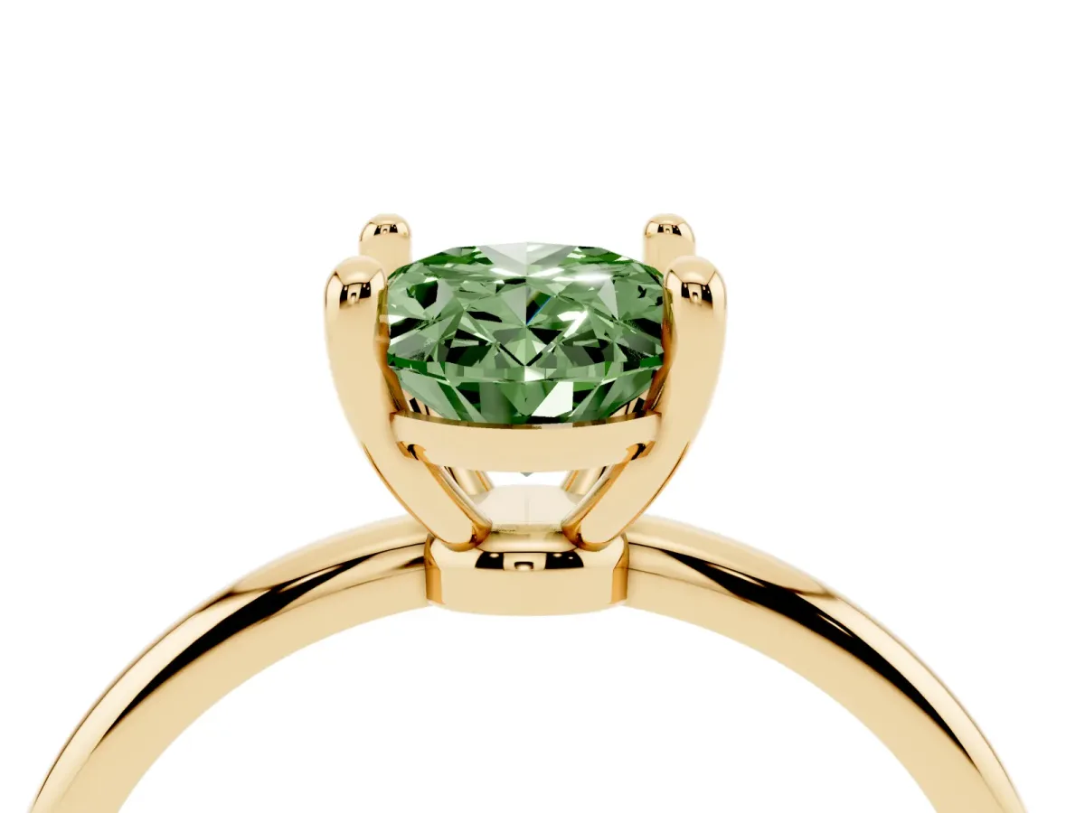 Fancy Green Oval Cut Solitaire Diamond Ring with 4-Prong Setting on a Classic Band Yellow gold