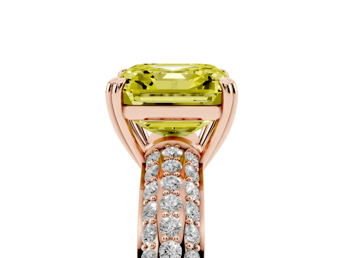 Fancy Yellow Asscher Cut Diamond Solitaire Ring with Multi-Row Round Pavé Band and Prong Setting Rose gold