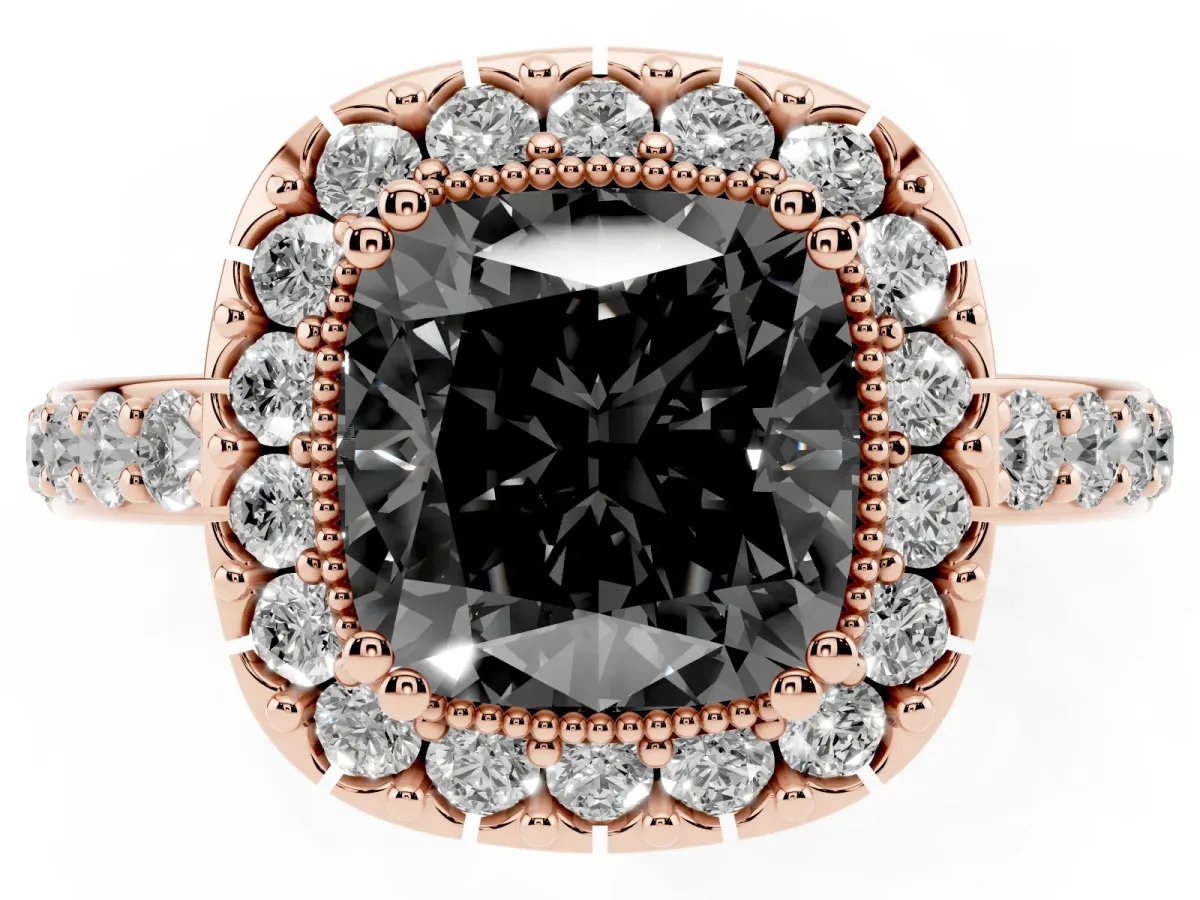Fancy Black Cushion Cut Diamond Halo Ring with Pavé Band and Prong Setting Rose gold