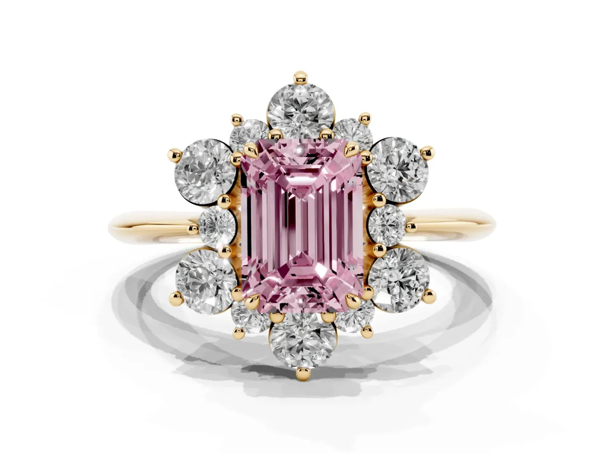 Fancy Pink Emerald Cut Diamond Cluster Halo Ring with Solitaire Band and Four-Prong Setting Yellow gold