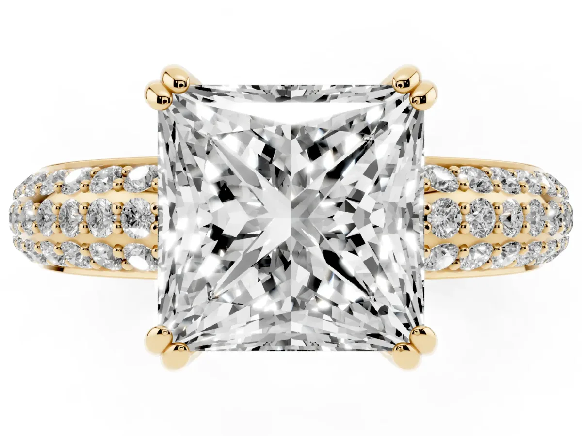 Princess Cut Diamond Solitaire Ring with Multi-Row Round Pavé Band and Prong Setting Yellow gold