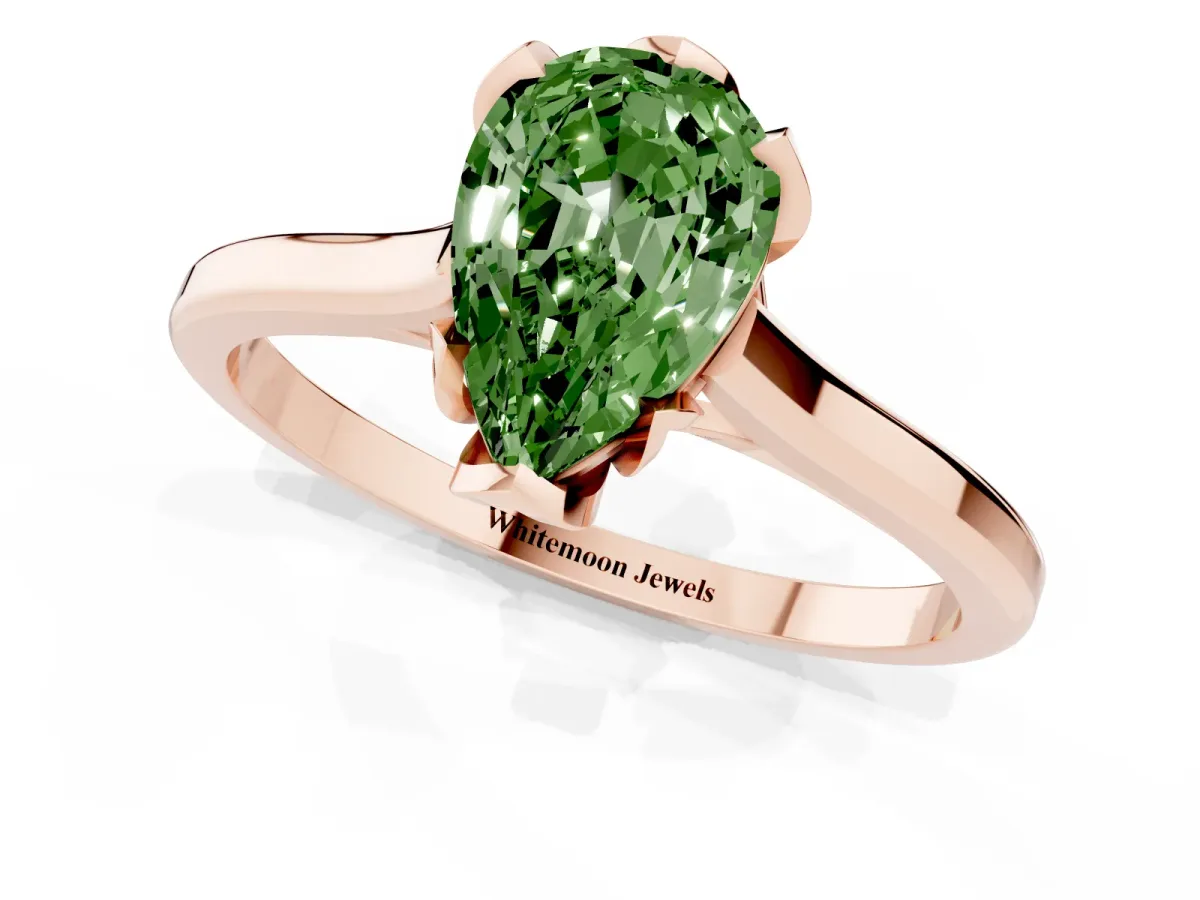 Fancy Green Pear Cut Diamond Solitaire Ring with Flower Prong Setting and Classic Band Rose gold