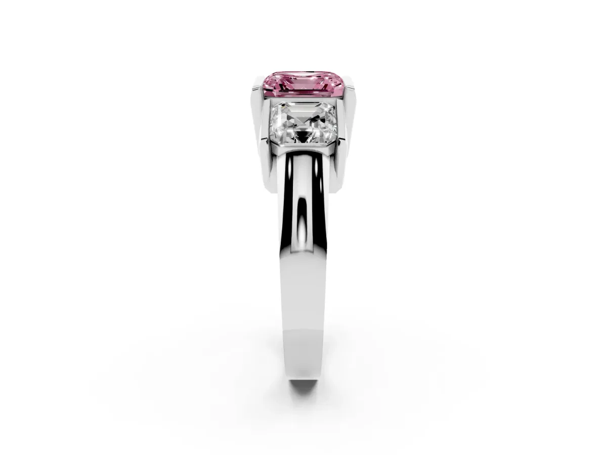 Fancy Pink Three Stone Asscher Cut Cut Channel Set Diamond Ring Platinum