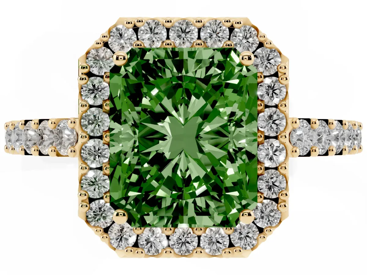 Fancy Green Radiant Cut Halo Diamond Pavé Solitaire Ring Yellow gold