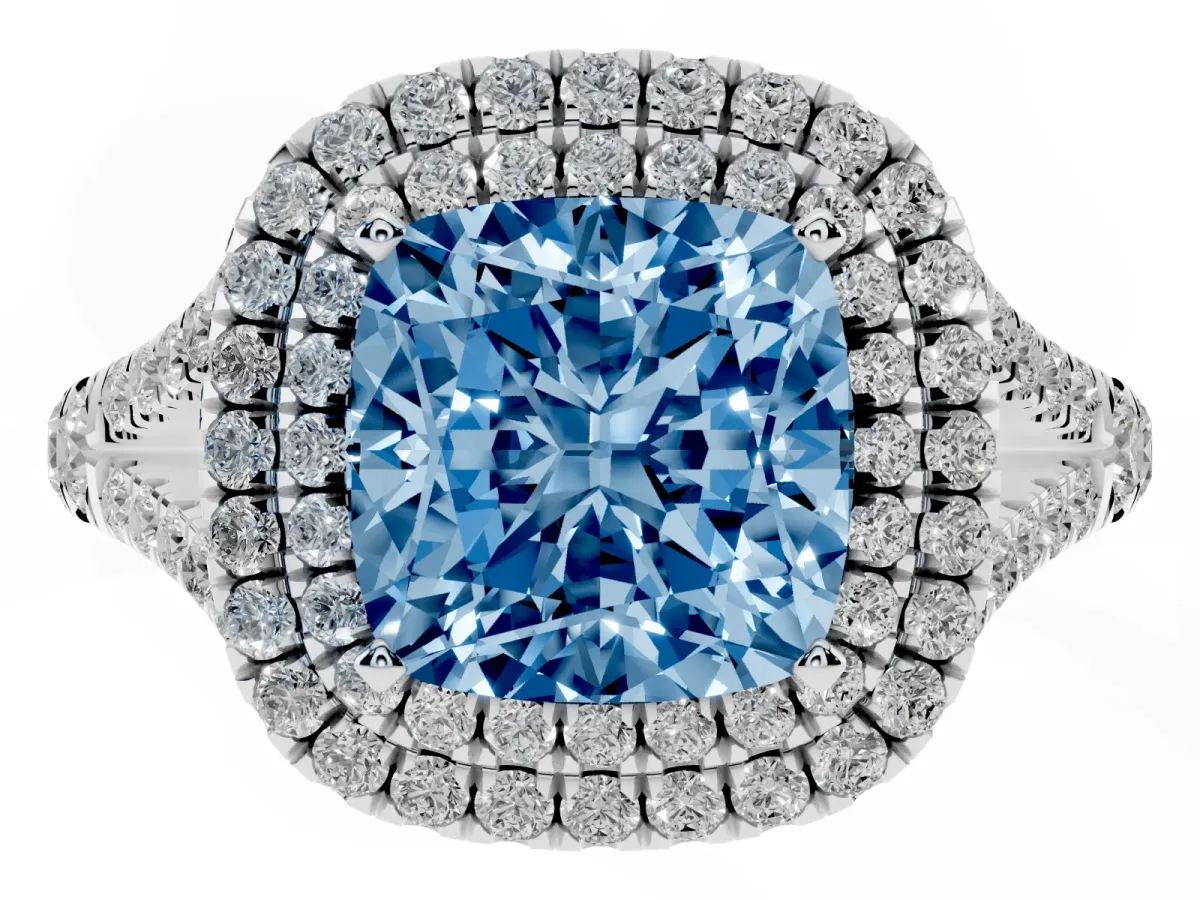 Fancy Blue Cushion Cut Diamond Pavé Split Shank Double Halo Engagement Ring Silver