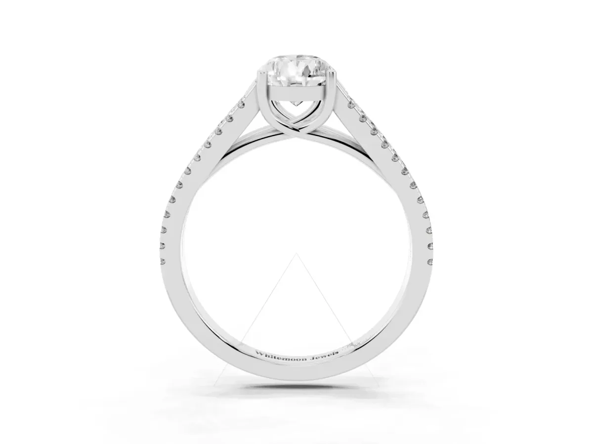 Pear Cut Diamond Solitaire Engagement Ring with Split Shank Pavé Band Silver