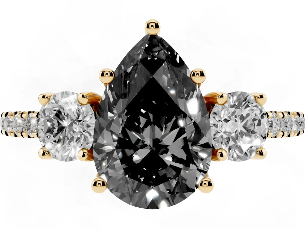 Fancy Black Three-Stone Pear Cut Cut Diamond Pavé Band with Prong Setting Yellow gold