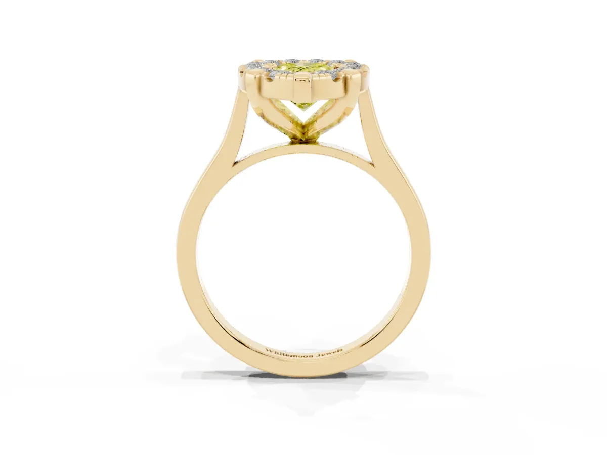 Fancy Yellow Pear Cut Diamond Cluster Halo Solitaire with Four-Prong Setting Yellow gold