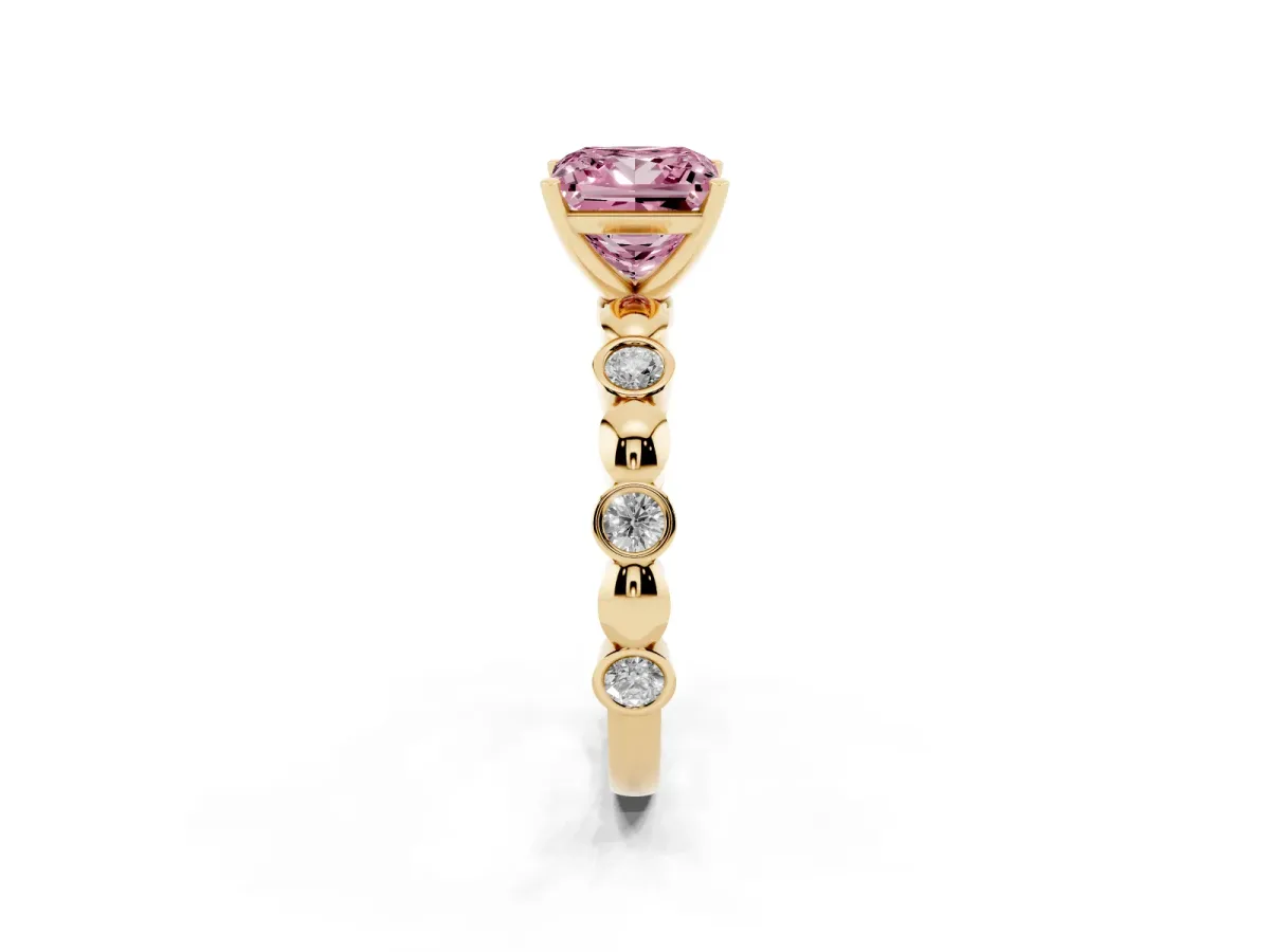 Fancy Pink Princess Cut Solitaire Bezel-Set Diamond Ring with Beaded Band and Four-Prong Setting Yellow gold