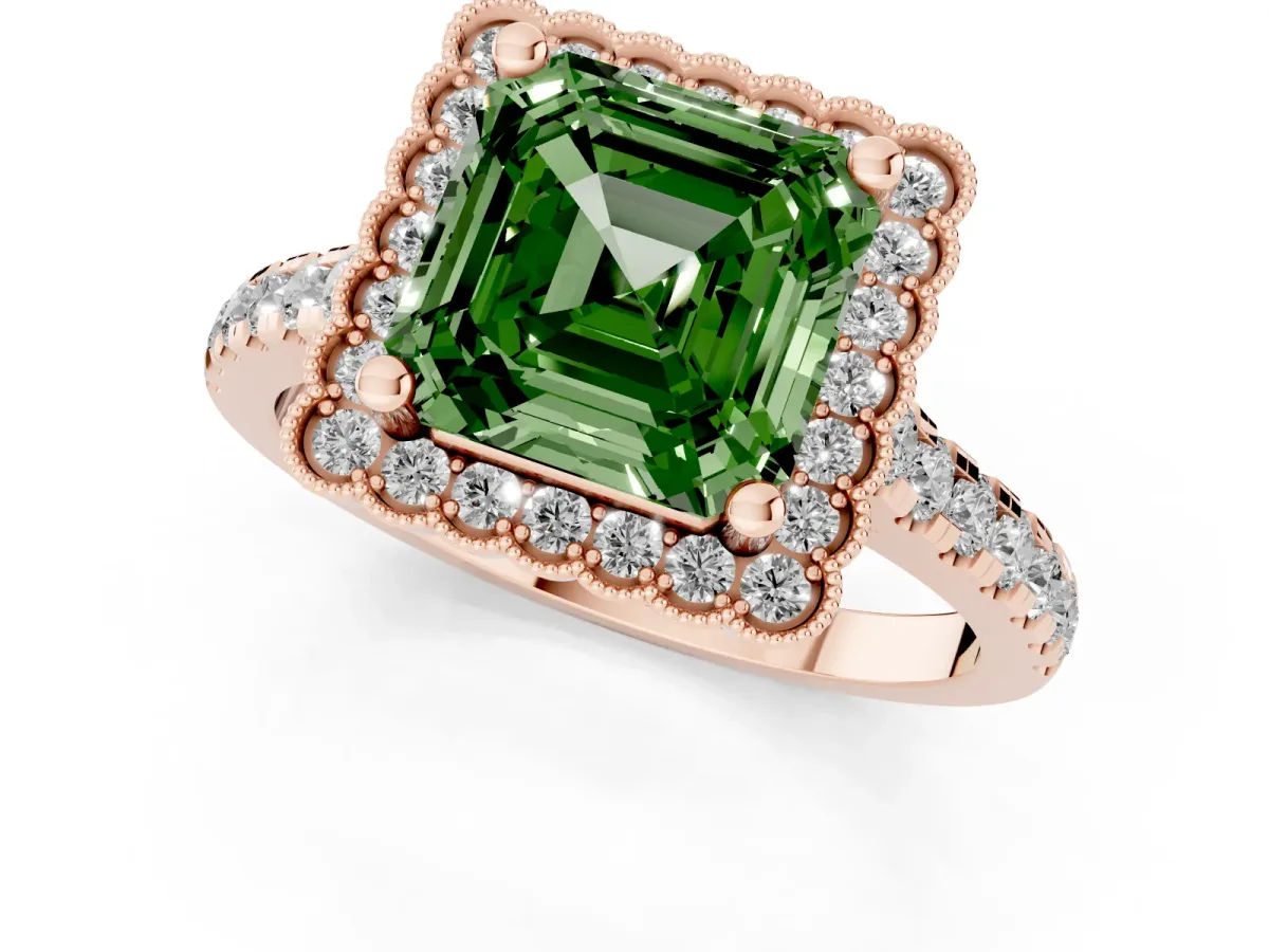 Fancy Green Asscher Cut Cut Diamond Milgrain Floral Halo Engagement Ring with Pavé Band Rose gold