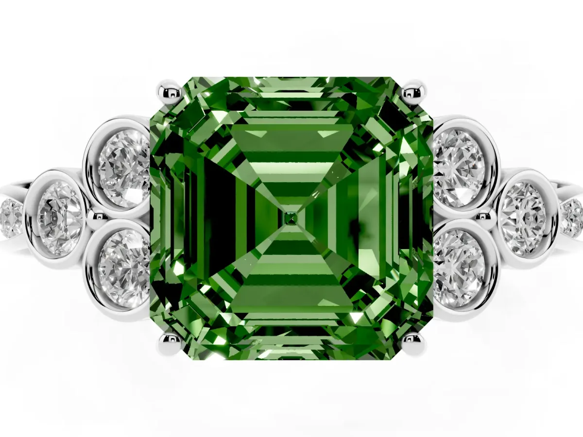 Fancy Green Asscher Cut Cut Diamond Engagement Ring with Bezel Set Round Side Stones and Prong Setting Platinum