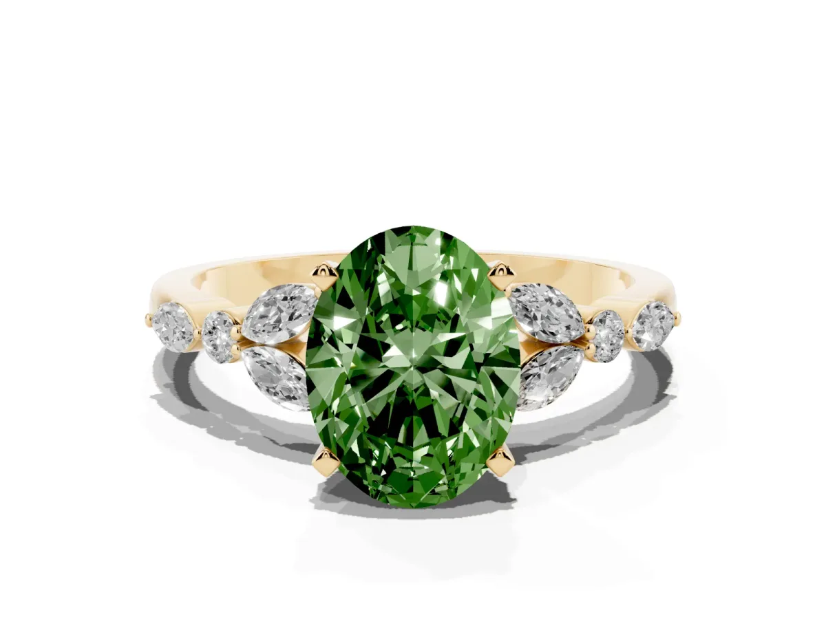 Fancy Green Oval Cut Diamond Solitaire Ring with Side Stones and Four-Prong Setting Yellow gold