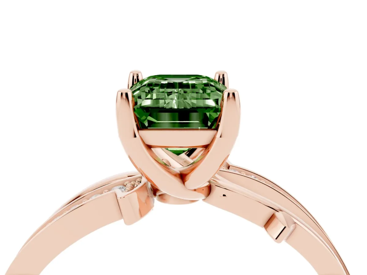 Fancy Green Emerald Cut Solitaire Twist Band with Pavé Accents and Four-Prong Setting Rose gold