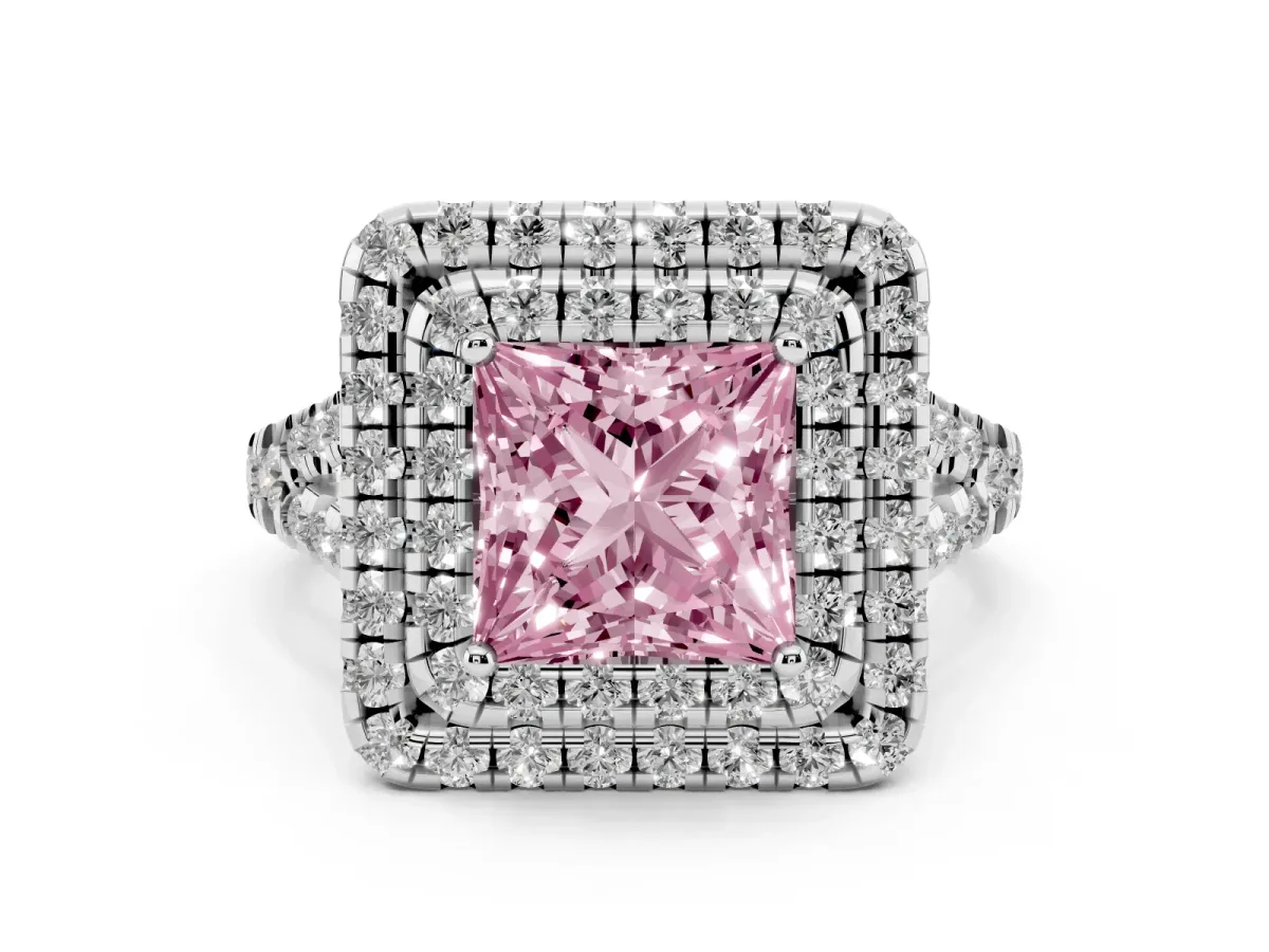 Fancy Pink Double Halo Princess Cut Diamond Pavé Split Shank Ring with Prong Setting Platinum