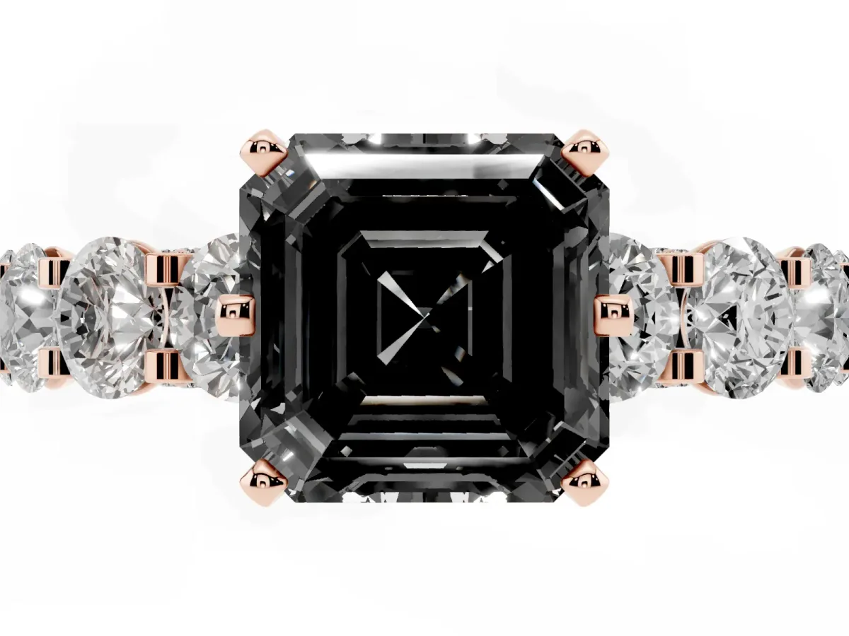 Fancy Black Asscher Cut Diamond Side Stone Engagement Ring with Four-Prong Setting Rose gold