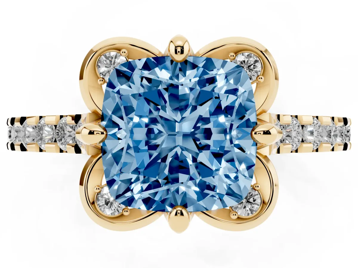 Fancy Blue Cushion Cut Diamond Ring with Pavé Band and Floral Prong Setting Yellow gold